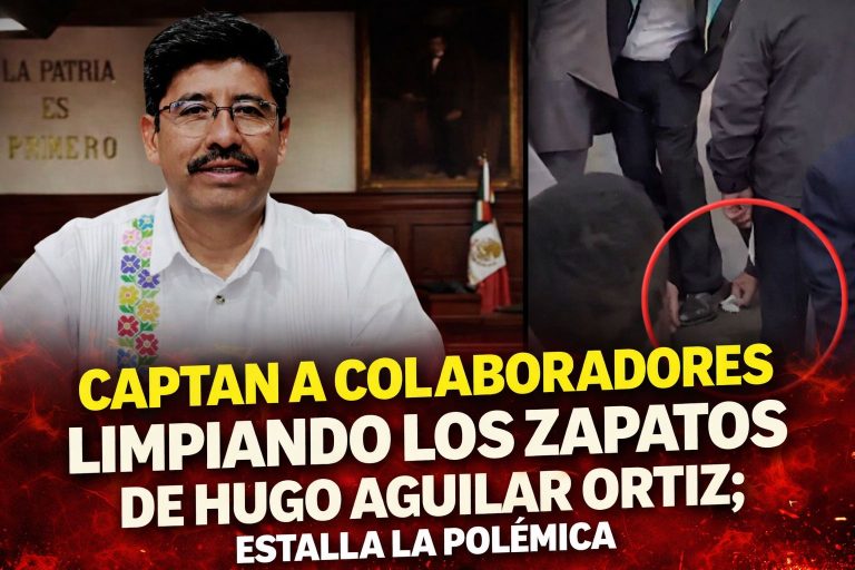 Captan a colaboradores limpiando los zapatos de Hugo Aguilar Ortiz; estalla la polémica